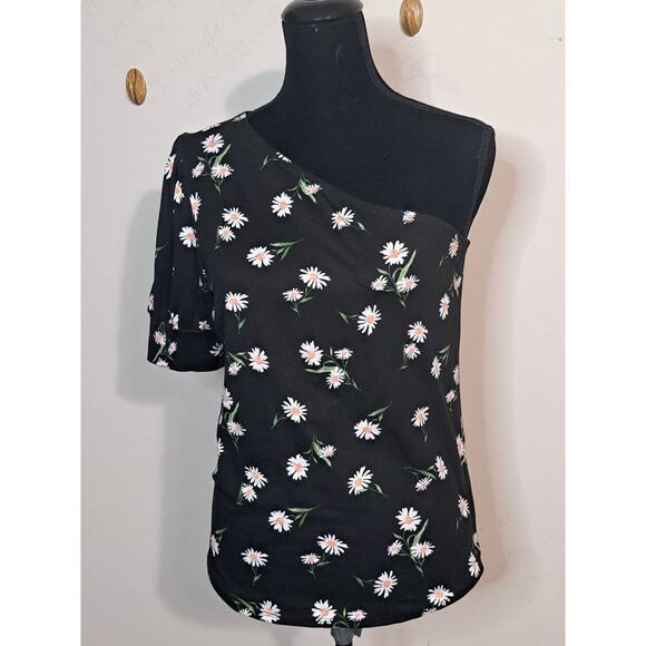 Maurices One Shoulder Black Floral Puff Sleeve Top Size Md. Short Sleeve Stretch - Picture 1 of 8